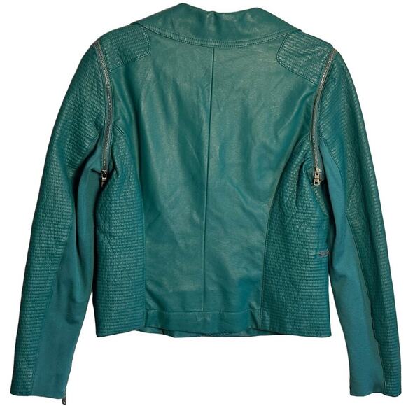 Kate & Mallory Sz M Green Faux Leather Moto Jacket Zip-Off Sleeve biker gorpcore - Picture 3 of 13